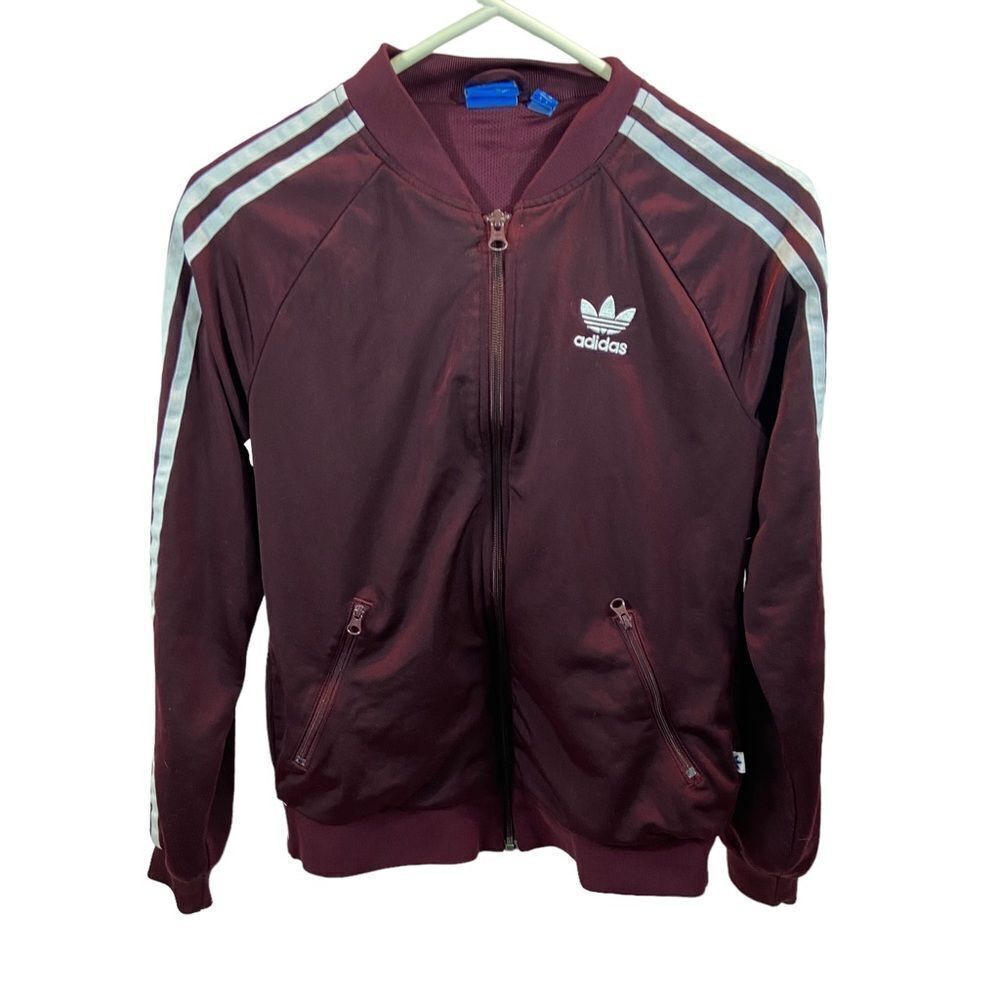 Ladies Small Maroon Full Zip Adidas Triple Stripe Trefoil Track Jacket Small - Picture 2 of 15